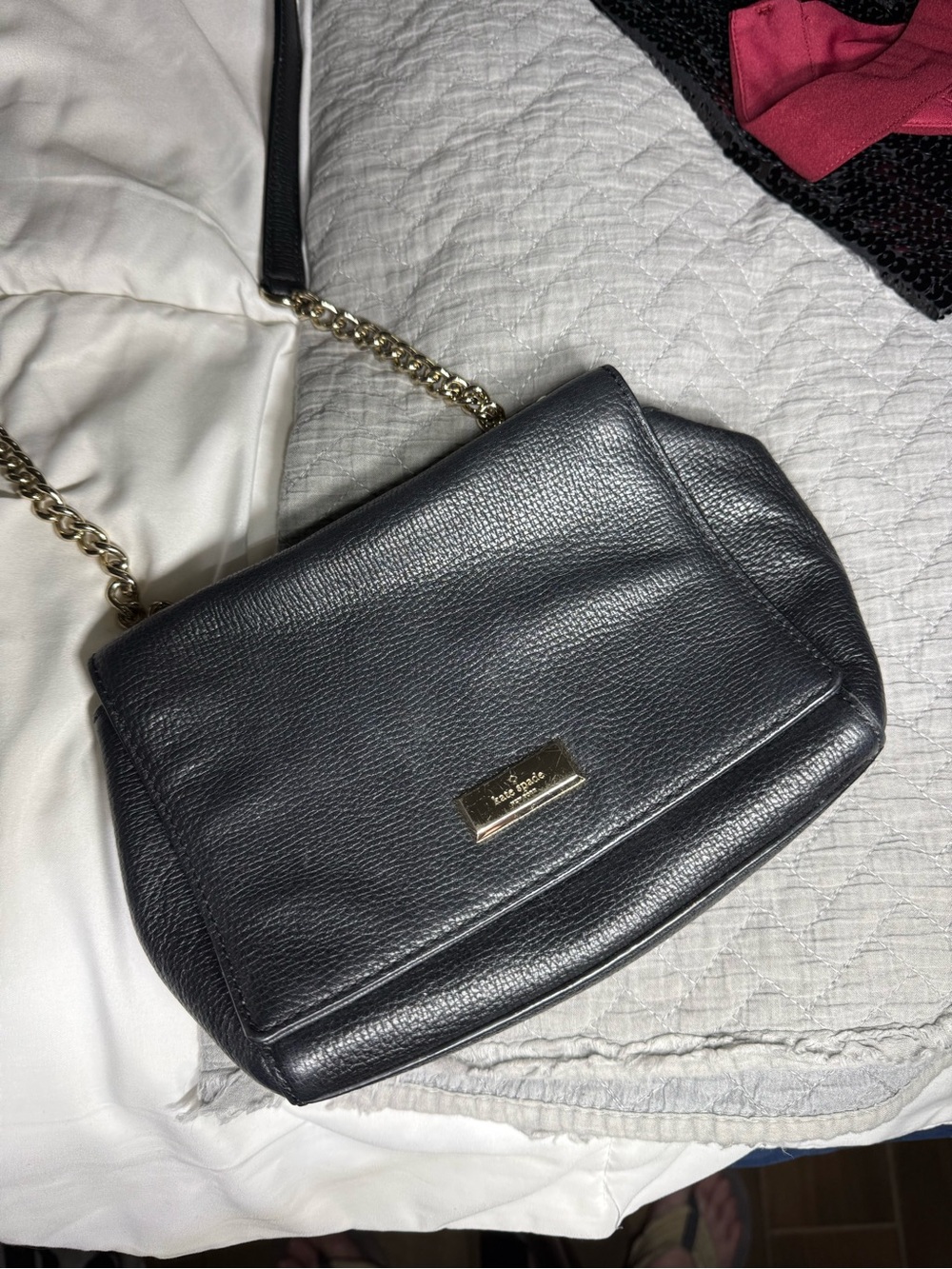 kate spade Black Pebbled Leather Shoulder Bag with Gold Chain